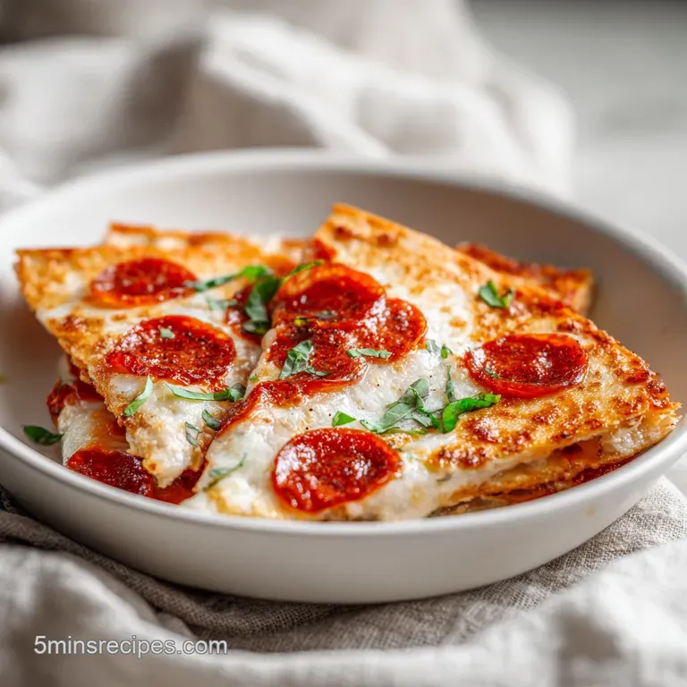 Folded golden quesadilla with a cheesy, pepperoni-dotted center on a rustic white plate.
