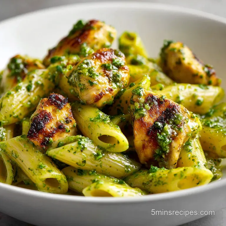 A white ceramic bowl of twirled pasta topped with halved cherry tomatoes and a fresh sprig of bright green basil.