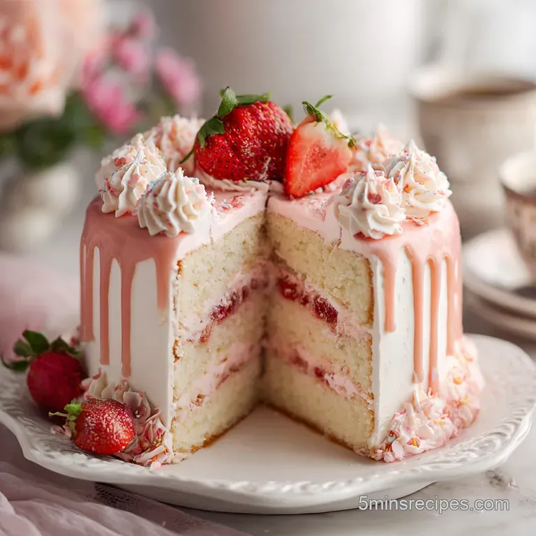 Slice of tender pink cake with luscious, piped frosting. Sprinkles add a playful touch. Served on a decorative plate.
