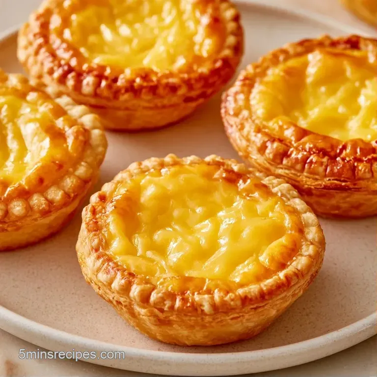 Three petite custard tarts arranged on a white marble platter with a dusting of powdered sugar and mint leaves.