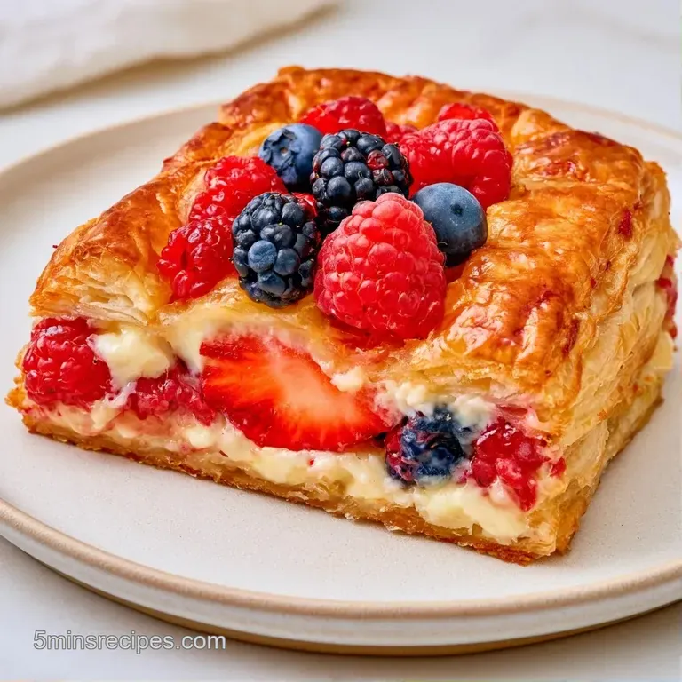 Slices of flaky pastry with creamy filling and bright fruit, elegantly arranged on a marble slab with a mint leaf.
