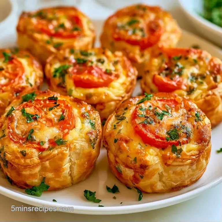 Crispy golden pastry squares topped with red tomatoes arranged elegantly on a white ceramic platter.