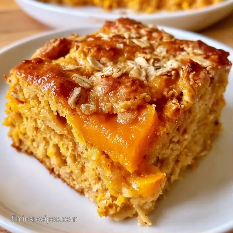 A square slice of orange-hued oatmeal topped with a dollop of creamy white yogurt and a sprinkle of toasted pecans.
