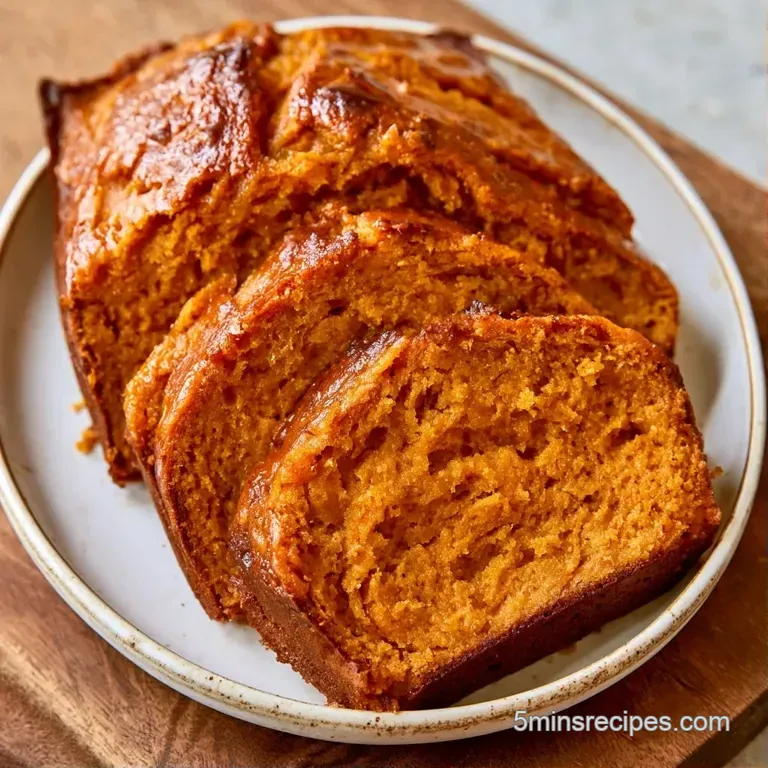Slices of warm, orange-hued spiced bread arranged on a white platter with a drizzle of maple syrup and cinnamon.