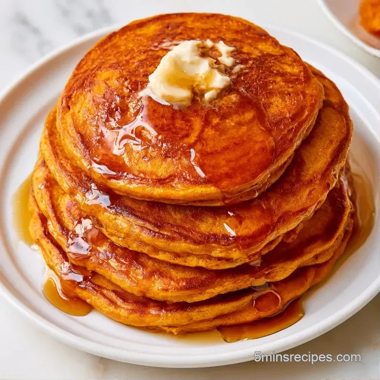 Warm orange pancakes stacked high on a white ceramic plate, garnished with a sprinkle of cinnamon and fresh mint.