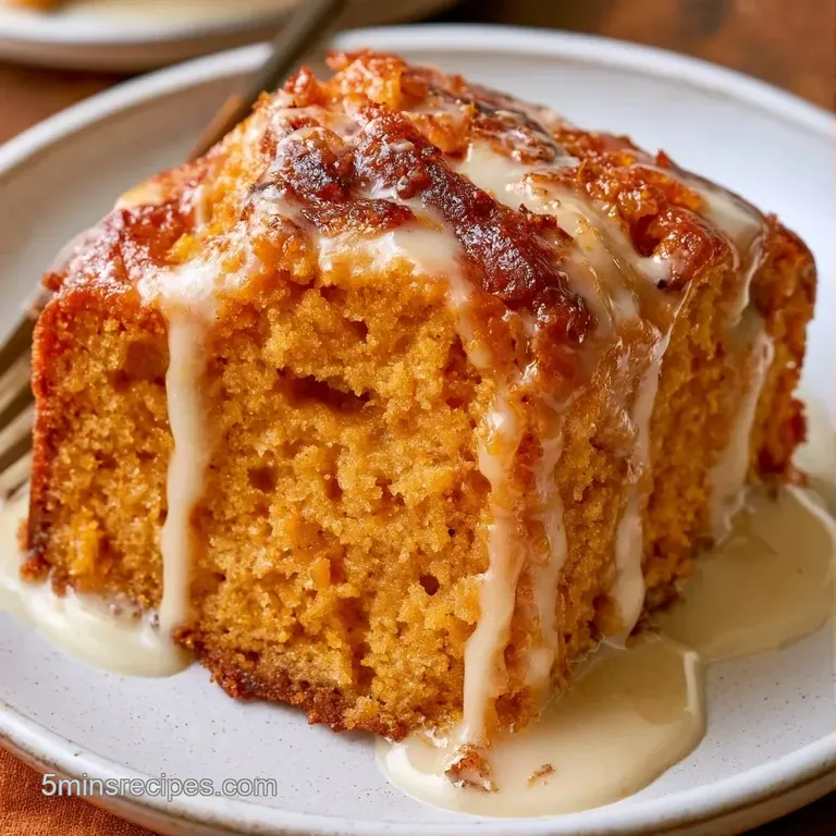 A slice of orange-hued spiced cake on a white plate with swirls of white cream and a light sprinkle of cinnamon.
