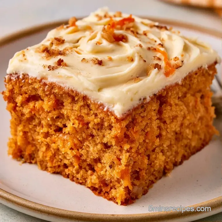 A square slice of orange cake on a white ceramic plate, drizzled with cream and topped with toasted pecans.