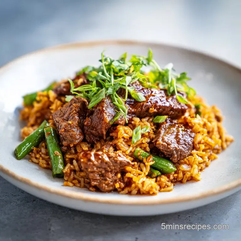 A single, artfully plated serving of beef and rice, showcasing the tender beef and fluffy, glistening rice.