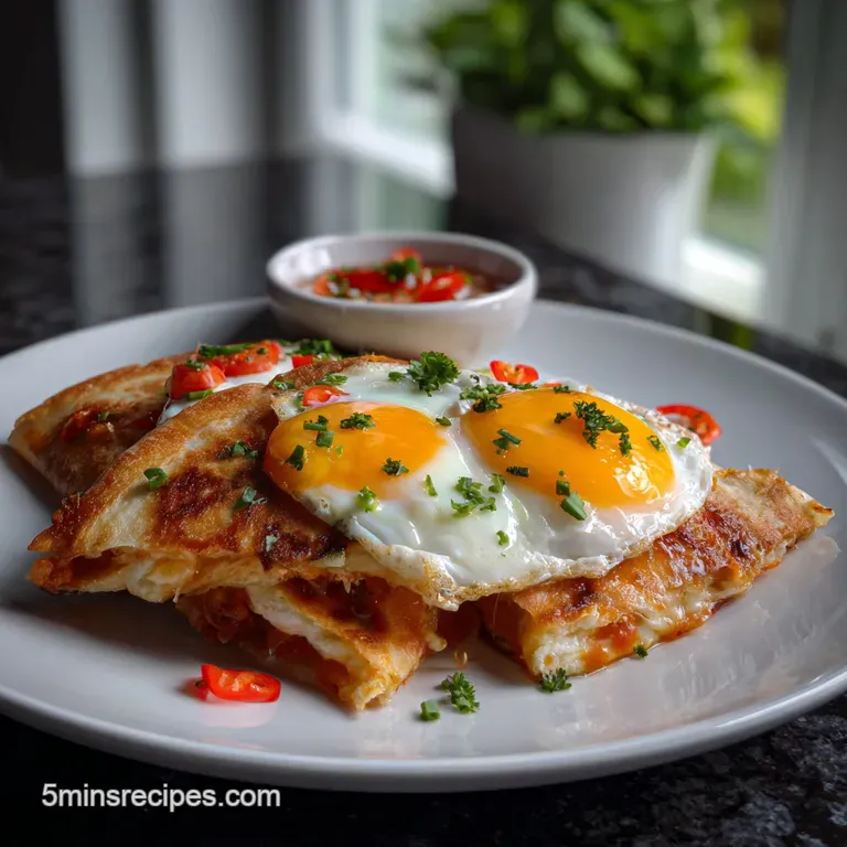 Elegant quesadilla wedges arranged on a white plate with vibrant salsa and a dollop of creamy sour cream, appealing textures.