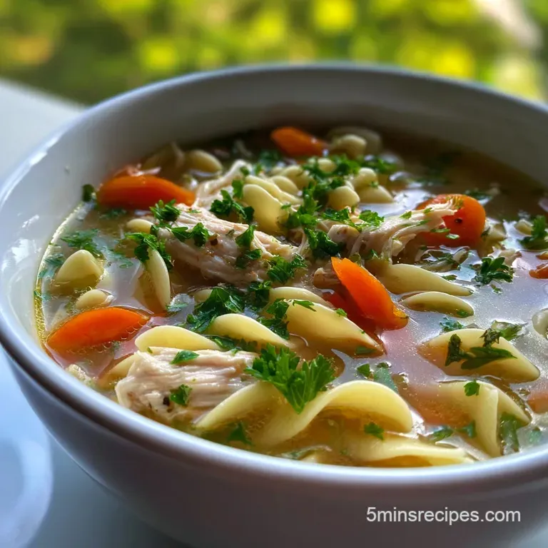 Steaming bowl of chicken noodle soup with bright green parsley garnish, paired with a crusty bread roll. Comfort food.