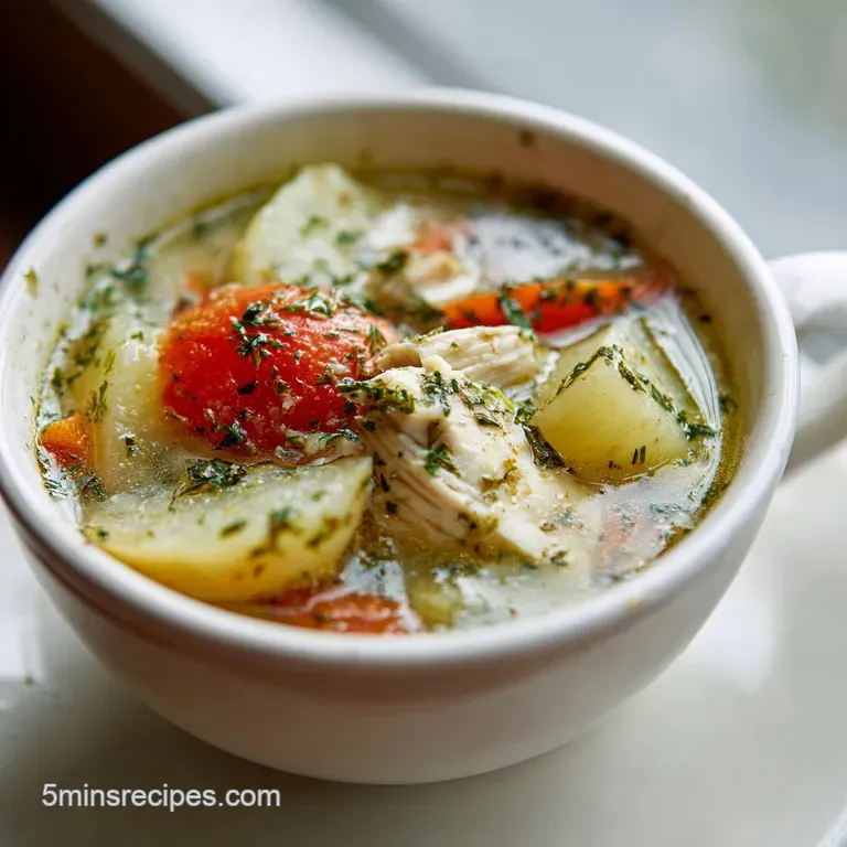 Elegant bowl of chicken potato soup. Swirls of cream and herbs garnish a rustic presentation on a wood surface.