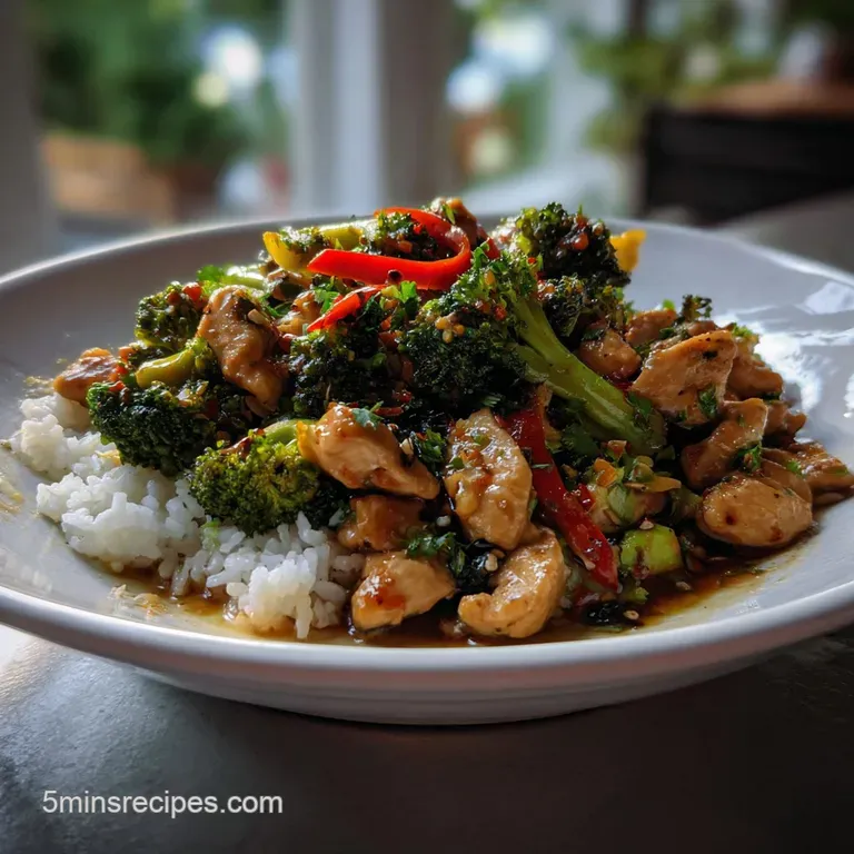 Elegant plating of the stir-fry. Tender chicken and crisp vegetables artfully arranged. A perfect balance of color and tex...