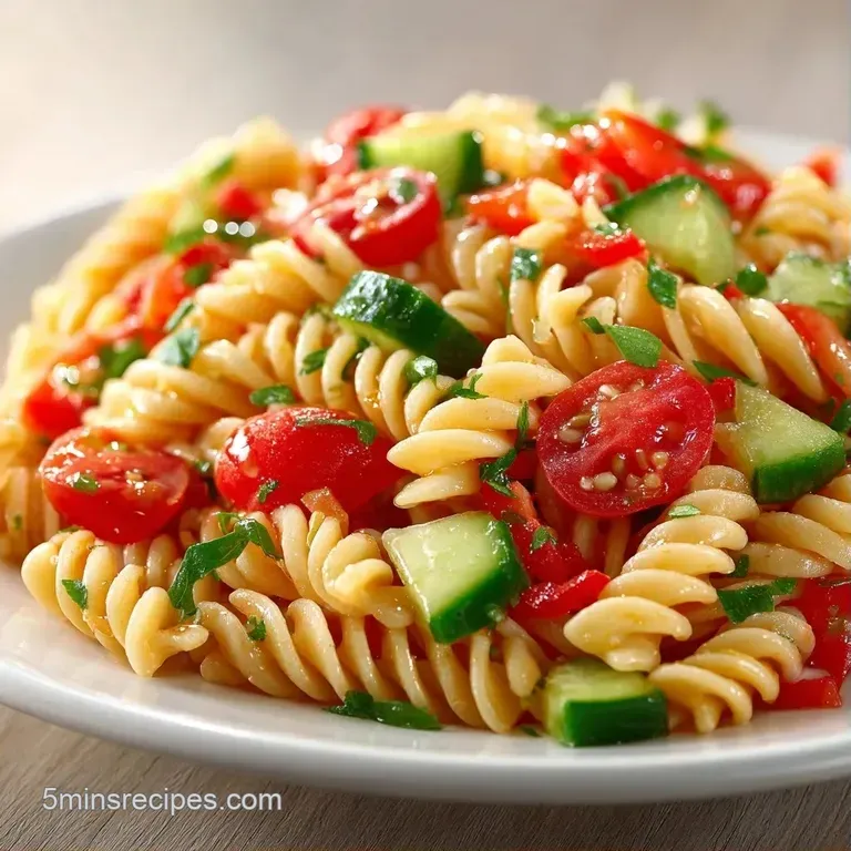 Chilled rotini pasta with bright red tomatoes and green olives served in a wide white bowl with a sprig of fresh parsley.
