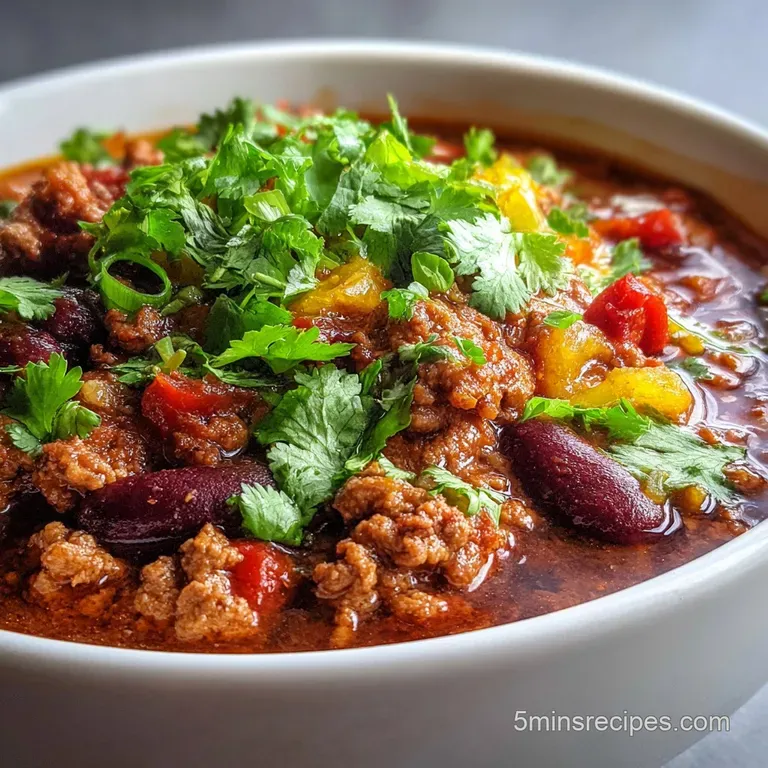 A steaming bowl of deep red chili with a swirl of cream, chopped cilantro, and a sprinkle of vibrant chili powder on top.