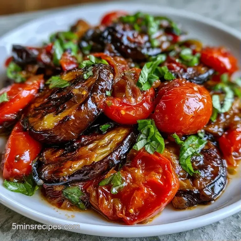 Tender eggplant cubes and juicy tomato chunks artfully arranged on a white ceramic plate with a sprig of fresh basil.