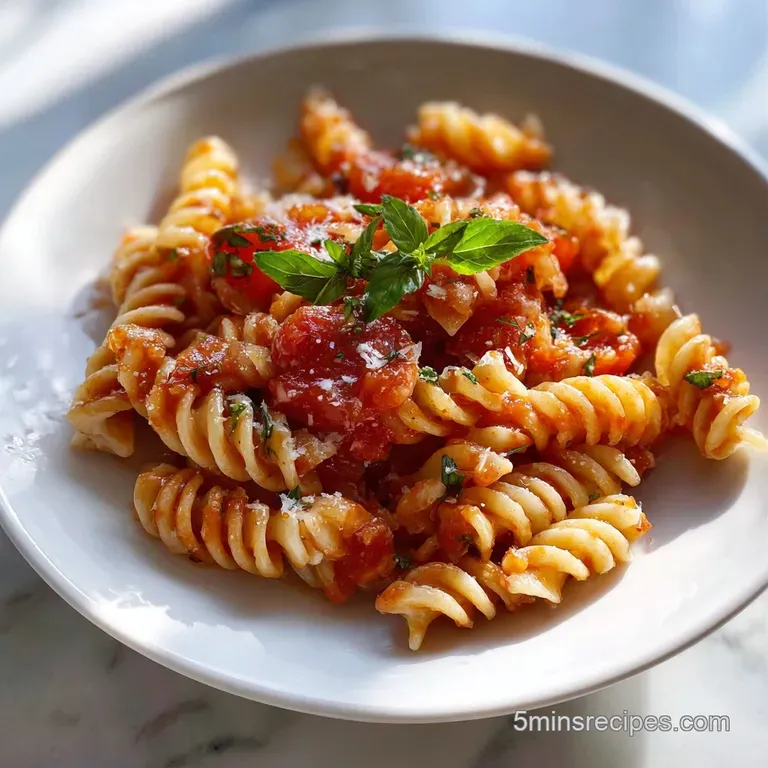 Elegant portion of pasta with bright, glossy tomato sauce. A sprinkle of cheese adds a creamy, inviting texture.