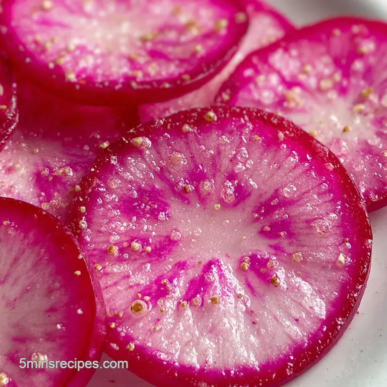 Close-up of taco topped with thinly sliced, jewel-toned pickled radishes, adding a pop of color & tangy crunch.