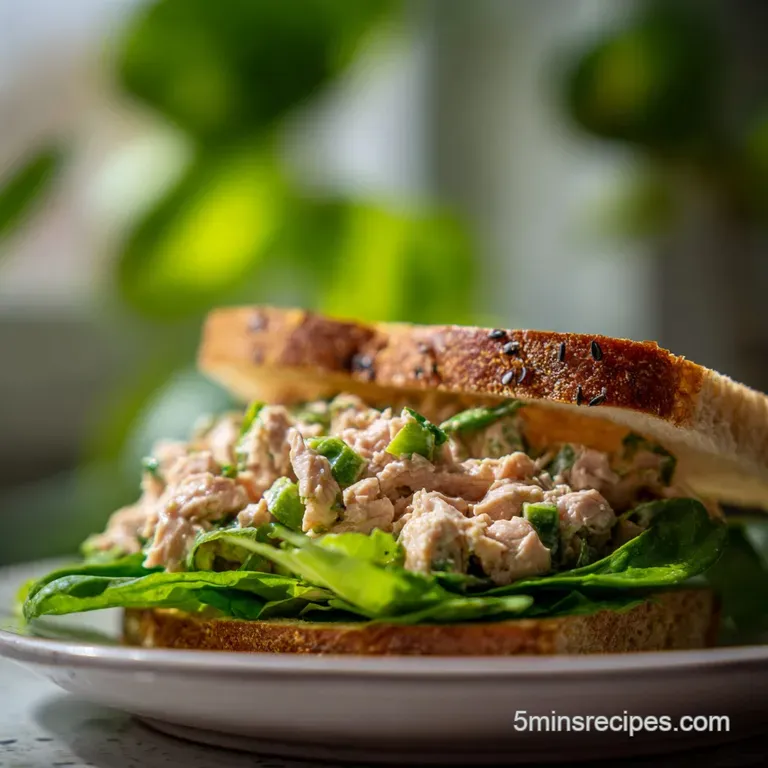 Neat tuna salad sandwich cut in half, revealing the creamy filling. Crisp lettuce and juicy tomato add color to the plate.
