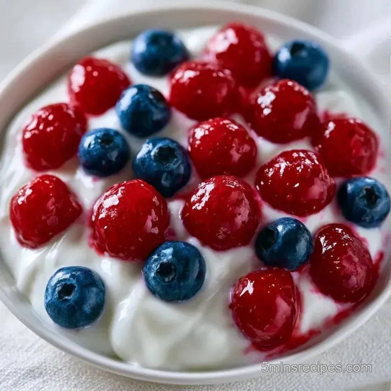 A chilled glass bowl filled with vibrant red berries and blueberries coated in a velvety, white creamy sauce.