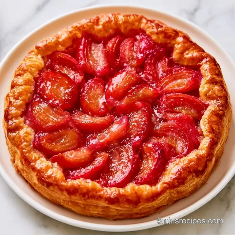 Elegant slice of flaky pastry topped with tart red rhubarb on a white plate, garnished with a fresh mint sprig.