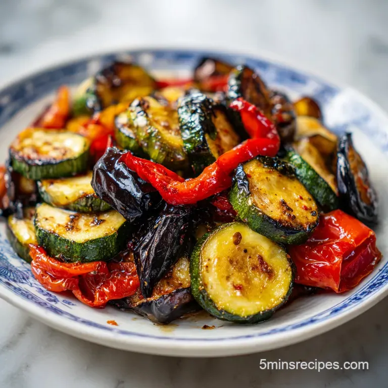 Vibrant roasted peppers and tender eggplant topped with crumbled white feta and a sprinkle of fresh parsley.