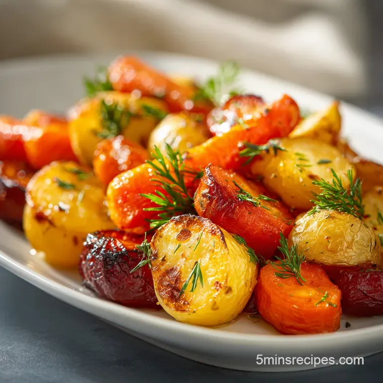 A beautifully plated serving of glistening roasted potatoes and glazed carrots, garnished with fresh herbs and a drizzle o...
