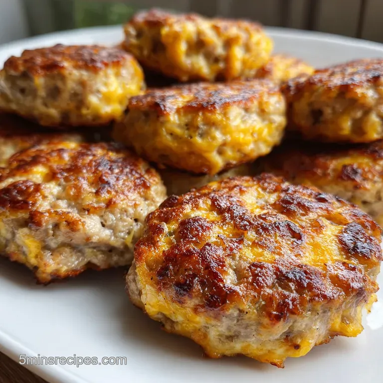 Three golden-brown sausage balls artfully arranged on a white plate, garnished with fresh parsley. Flaky texture and melte...