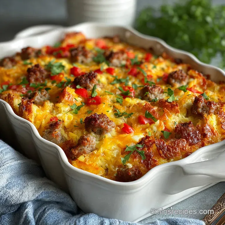 Slice of breakfast casserole on a plate, showcasing fluffy eggs, savory sausage, and melted cheese. Garnished with fresh p...