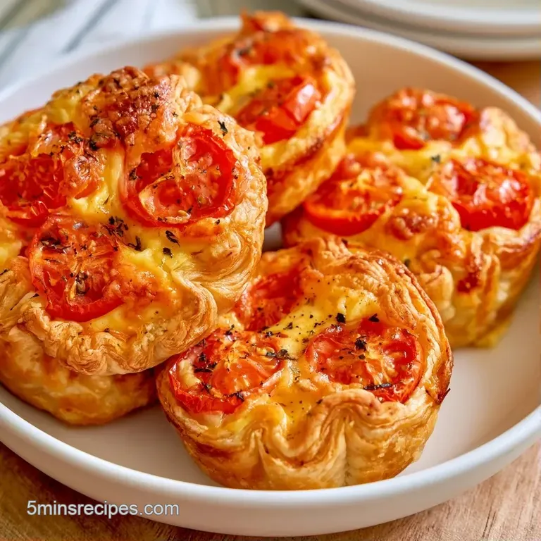 Golden-brown mini tarts arranged on a white ceramic platter, garnished with fresh microgreens and a light oil drizzle.