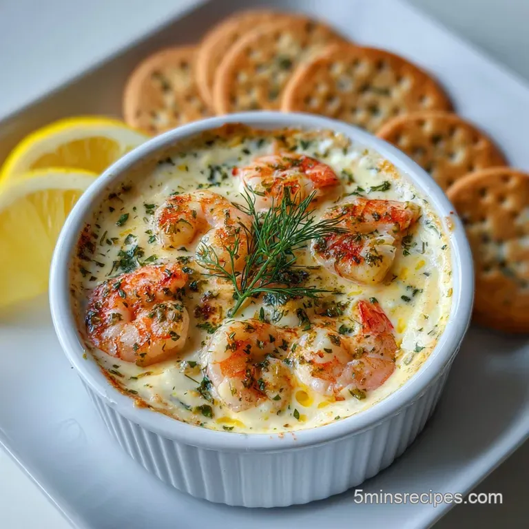 Elegant shrimp dip in a glass dish, topped with fresh dill. Crackers and lemon wedges artfully arranged on a wooden board.