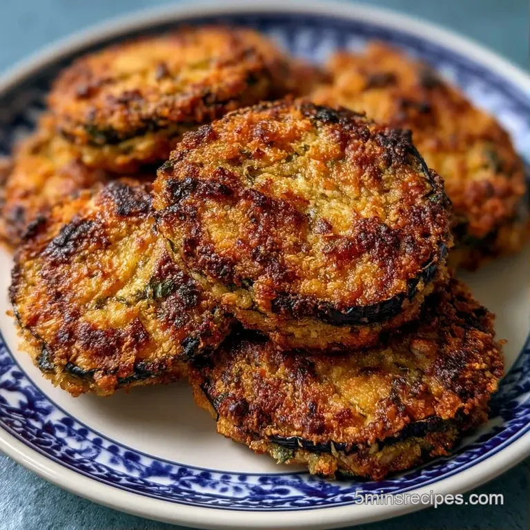 Crispy breaded vegetable rounds plated on a white ceramic dish, garnished with fresh herbs and a lemon wedge.
