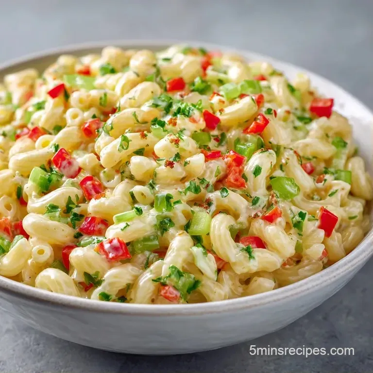 Chilled creamy pasta mixed with vibrant orange carrots and green celery, garnished with a sprig of fresh parsley.