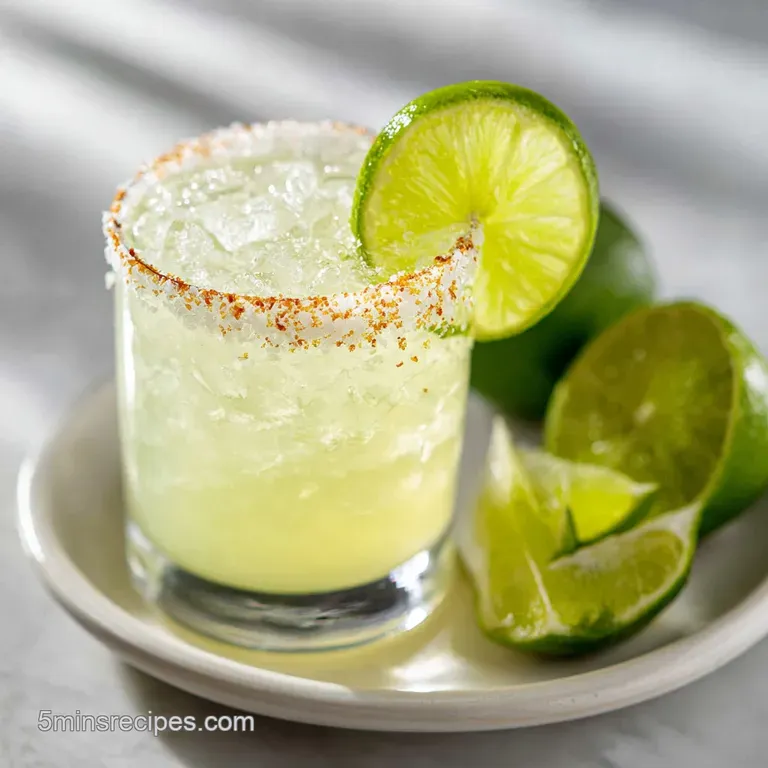 Frosted glass of pale green margarita, lime slice garnish, coarse salt rim; condensation hints at a thirst-quenching chill.
