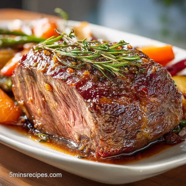 Tender slices of slow-cooked beef and fork-tender vegetables plated beautifully with rich, dark gravy glistening on top.