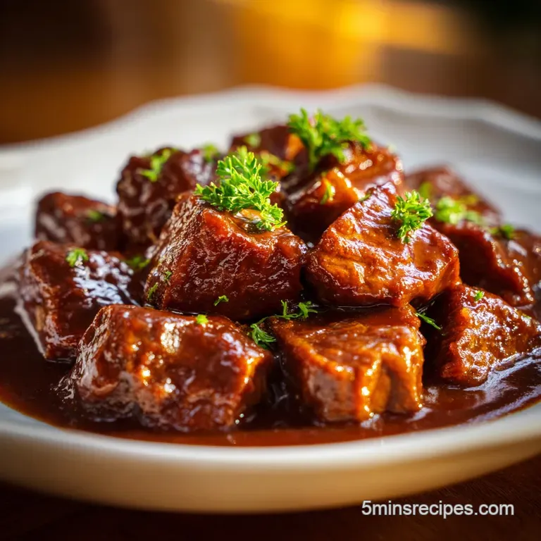 Elegant white bowl of savory brown stew and colorful vegetables, finished with a sprig of fresh, vibrant green parsley.