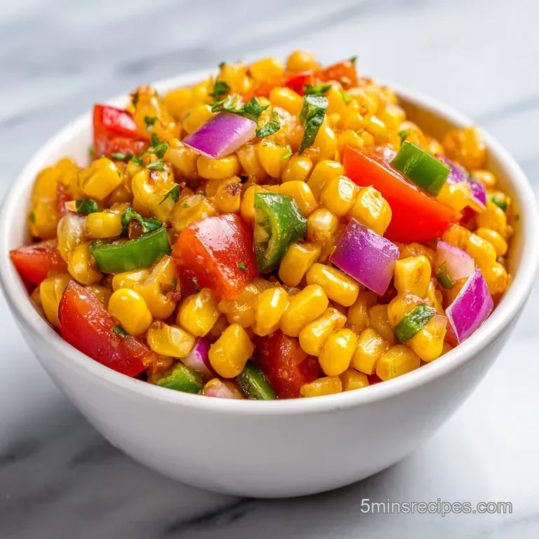 Colorful corn and pepper medley in a white bowl, paired with crispy tortilla chips on a rustic wooden board.