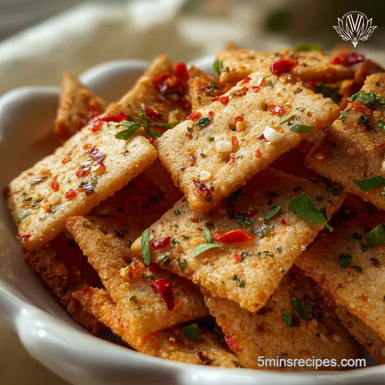 Crisp crackers arranged artfully on a white plate, dusted with herbs. A cool, creamy dip provides a delicious contrast.