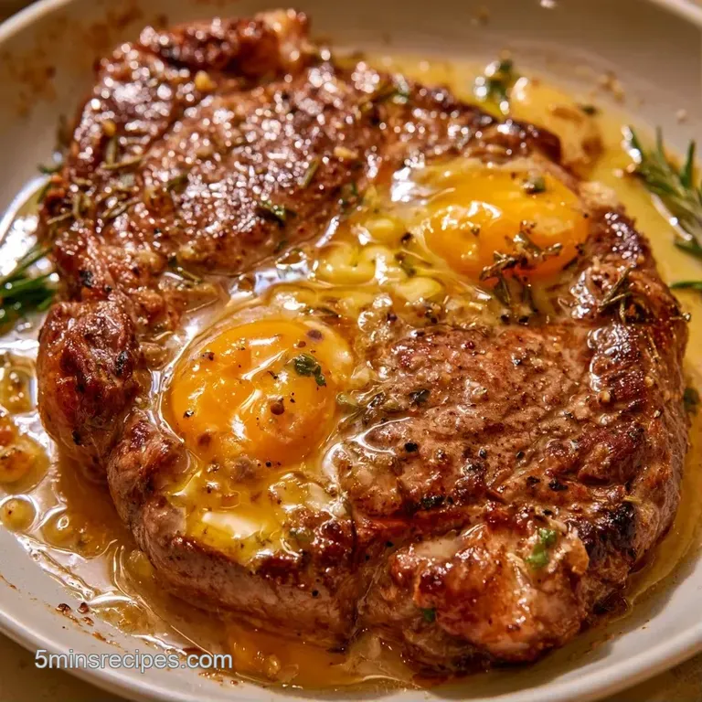 Perfectly seared steak slices beside bright yellow yolks, garnished with fresh parsley on a slate platter.