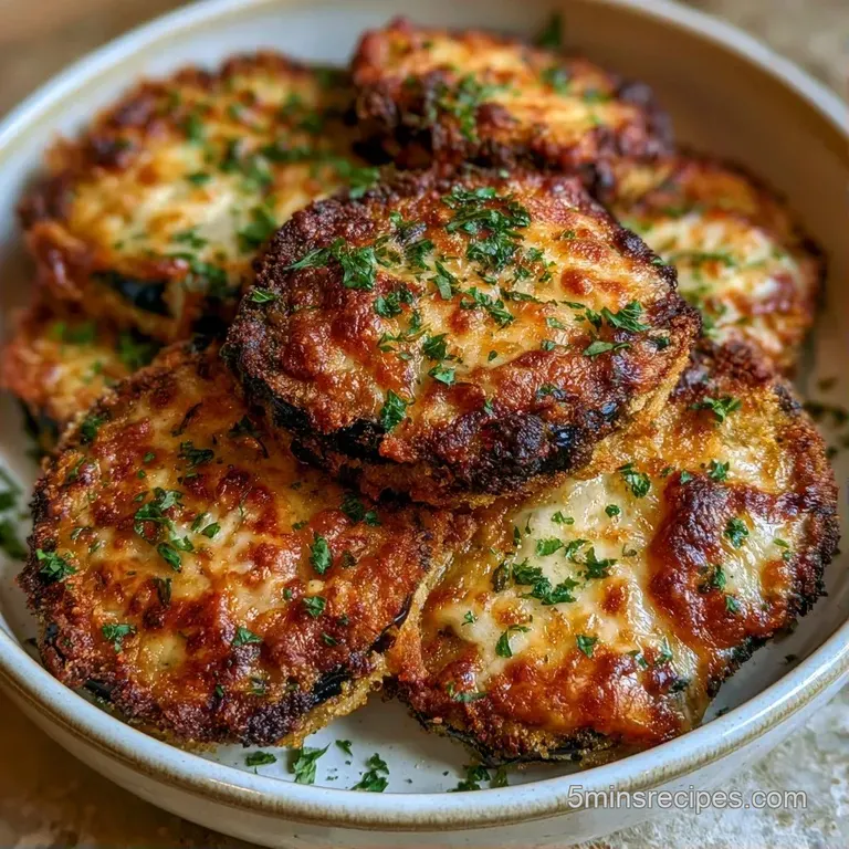 Golden breaded eggplant slices stacked with gooey white cheese and red sauce on a white ceramic plate.