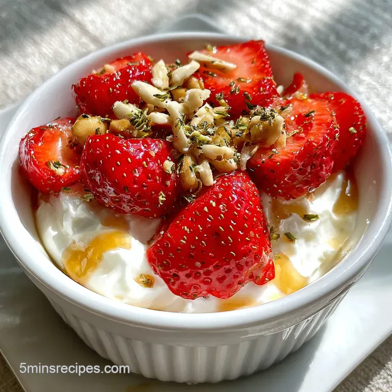 Elegant parfait glass filled with layers of creamy yogurt, sliced strawberries, and a golden honey drizzle.