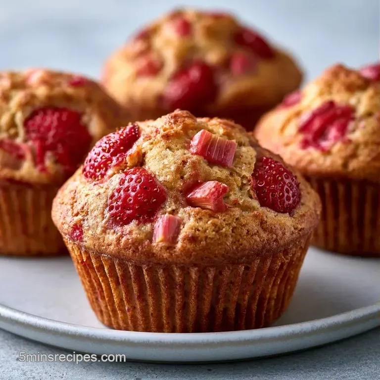 Three golden muffins on a rustic wooden board served with fresh strawberries and a soft white linen napkin.