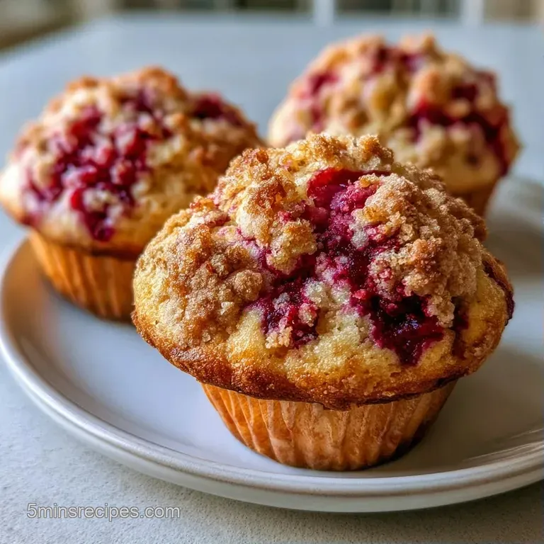 Three moist muffins on a white ceramic plate with a side of fresh berries and a linen napkin in soft morning light.