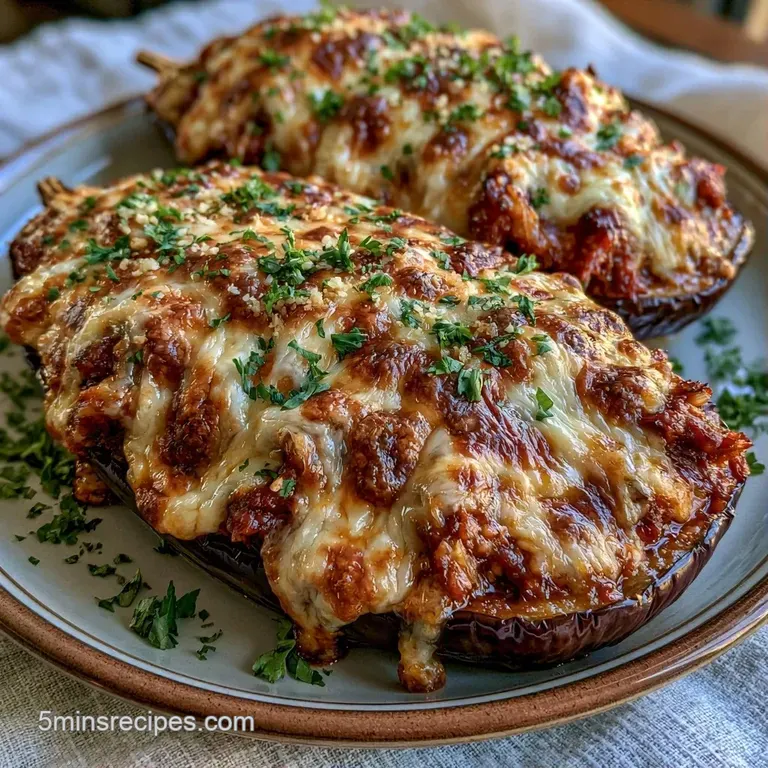 Roasted eggplant halves filled with gooey cheese on a white platter, garnished with fresh herbs and red sauce