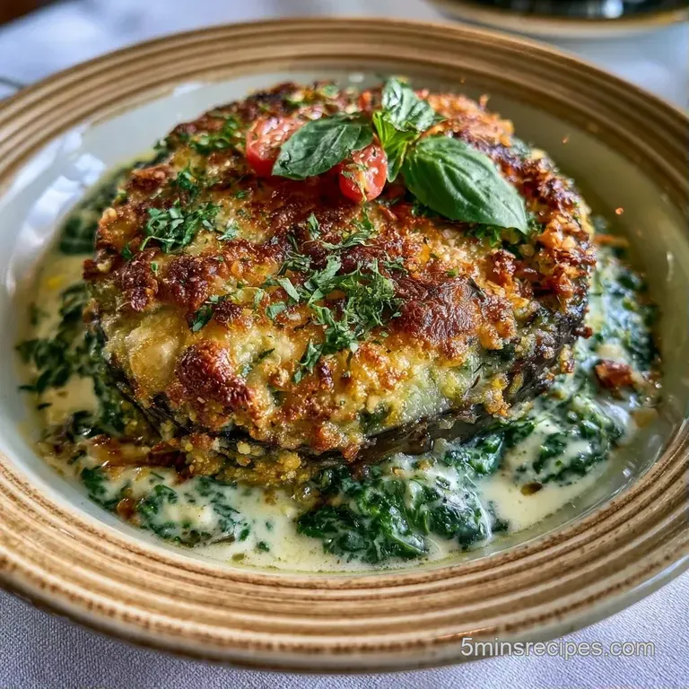 Neatly arranged roasted eggplant rounds with creamy white centers on a white plate, accented by fresh herb sprigs.
