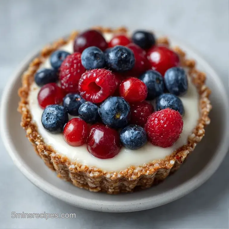 A single slice of fruit tart on a white porcelain plate, garnished with a fresh mint leaf and light powder.