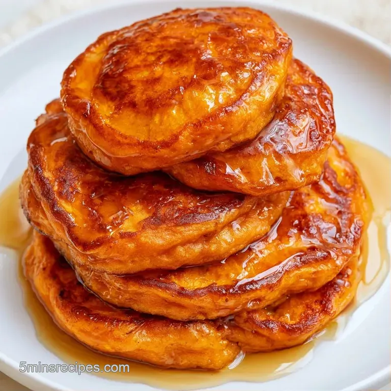 Three fluffy orange-hued pancakes on a white ceramic plate with fresh blueberries and a light dusting of cinnamon.