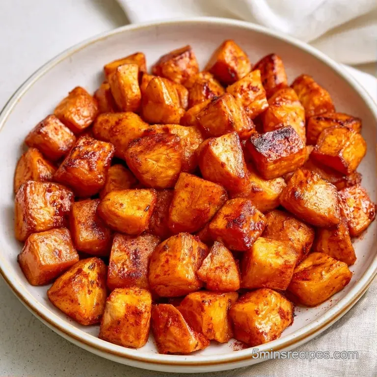 Neatly piled roasted orange potato cubes on a white ceramic plate, garnished with chopped green herbs and salt.