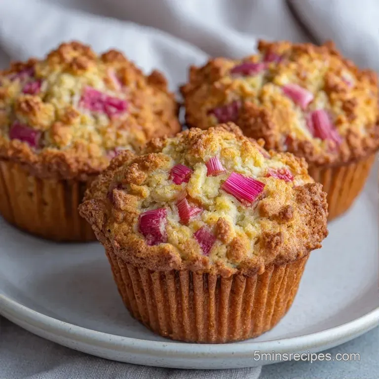 Three moist muffins arranged on a white ceramic platter alongside fresh rhubarb stalks and a soft linen napkin.
