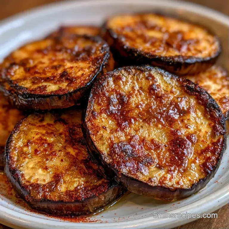 Elegant stack of roasted purple-skinned eggplant slices garnished with fresh herbs on a minimalist white plate.