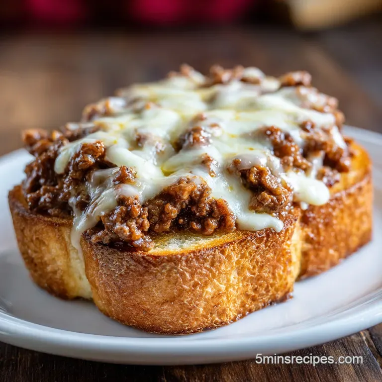 Sloppy joe on Texas toast, piled high with glistening meat sauce. Side of crisp pickles provide a tangy contrast.
